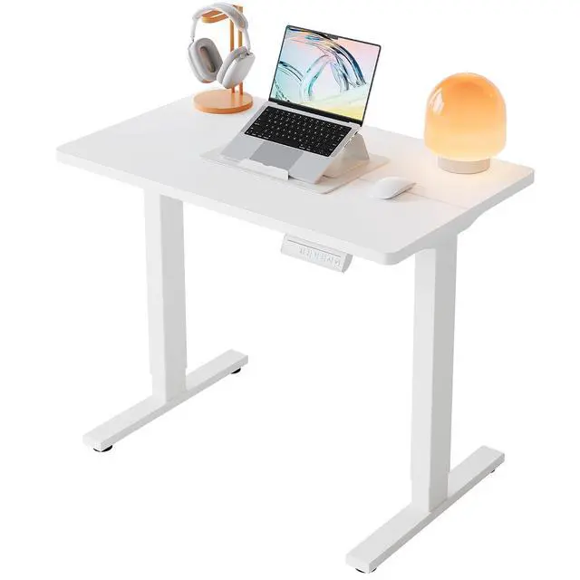 Main image of 32x19 Inch Small Electric Standing Desk, Adjustable, White | Compact Home Office Desk, 176lbs Heavy Duty Lifting with 4 Height Presets. M8 Screw Holes Ready for DIY Mobile Wheels