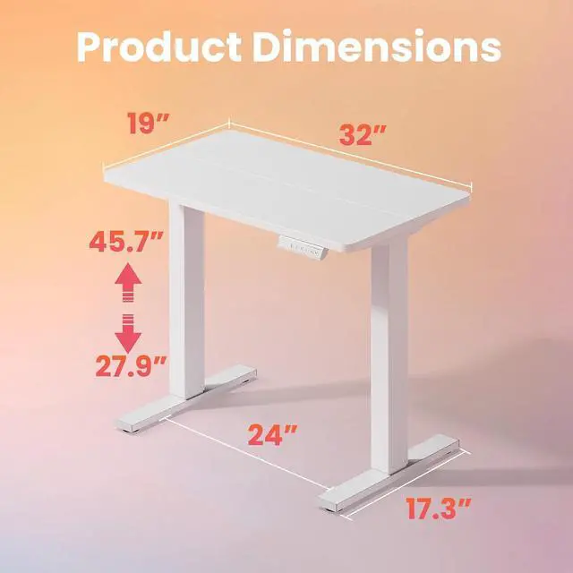 Alt view image 3 of 7 - 32x19 Inch Small Electric Standing Desk, Adjustable, White | Compact Home Office Desk, 176lbs Heavy Duty Lifting with 4 Height Presets. M8 Screw Holes Ready for DIY Mobile Wheels