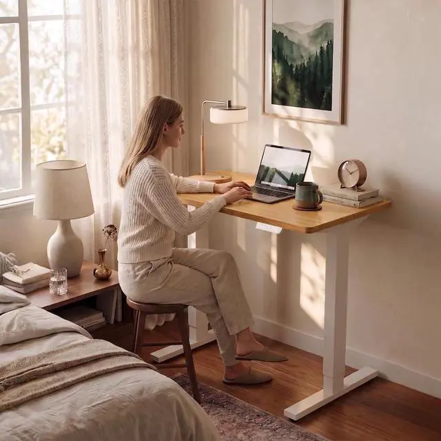 Alt view image 2 of 7 - Electric Standing Desk,44" x 24" Height Adjustable Desk, 4 Memory Height Settings, Sit to Stand Up Desk for Home Office, with Headphone Hook, Cable Manager, Light Vintage Brown