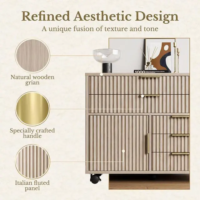 Alt view image 3 of 7 - Fluted File Cabinet with 5 Drawers, Large Storage with Cabinet Door, Mobile Filing Cabinet with Locable Wheels for Home Office, Natural Oak