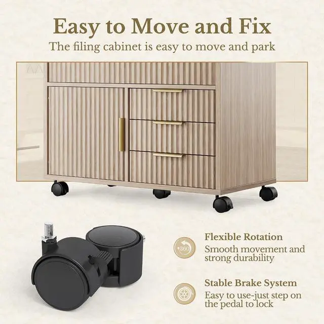 Alt view image 6 of 7 - Fluted File Cabinet with 5 Drawers, Large Storage with Cabinet Door, Mobile Filing Cabinet with Locable Wheels for Home Office, Natural Oak