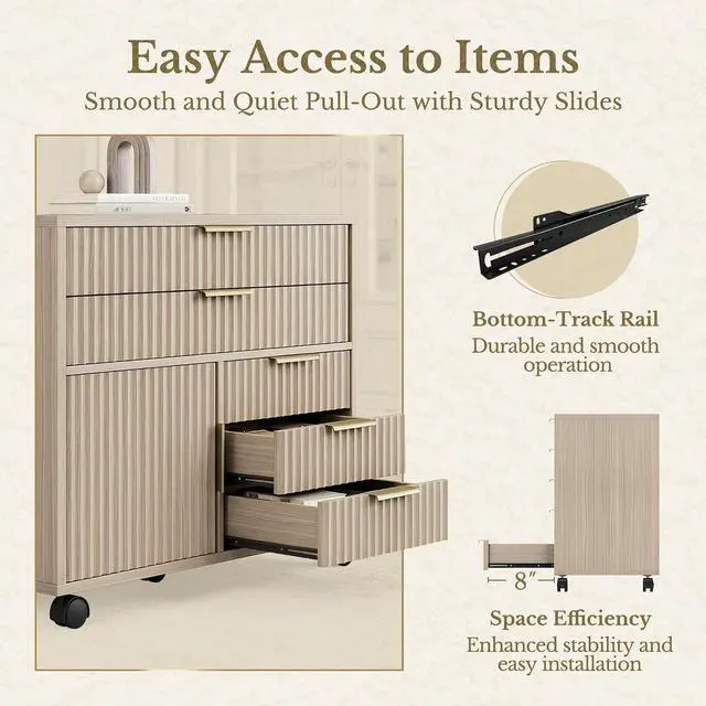 Alt view image 7 of 7 - Fluted File Cabinet with 5 Drawers, Large Storage with Cabinet Door, Mobile Filing Cabinet with Locable Wheels for Home Office, Natural Oak