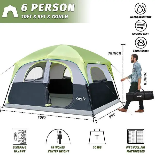 Alt view image 2 of 7 - Tents 6 Person Waterproof Windproof Easy Setup,Double Layer Family Camping Tent with 1 Mesh Door & 5 Large Mesh Windows -10'X9'X78in(H)