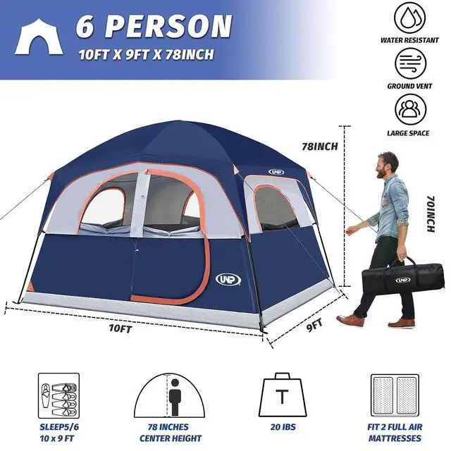 Alt view image 2 of 7 - Tents 6 Person Waterproof Windproof Easy Setup,Double Layer Family Camping Tent with 1 Mesh Door & 5 Large Mesh Windows -10'X9'X78in(H)