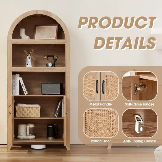 Alt view image 5 of 7 - 71'' Arched Storage Cabinet with Door, Tall Bookshelf with Adjustable Shelf, Modern Farmhouse Wooden Bookcase Kitchen Pantry Cabinet for Living Room, Natural (Natural Rattan)