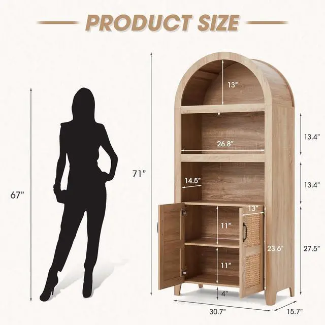 Alt view image 2 of 7 - 71'' Arched Storage Cabinet with Door, Tall Bookshelf with Adjustable Shelf, Modern Farmhouse Wooden Bookcase Kitchen Pantry Cabinet for Living Room, Natural (Natural Rattan)