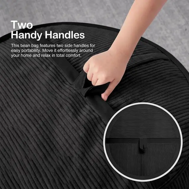 Alt view image 5 of 6 - Bean Bag Chair, 4FT Large Bean Bag Chair with Memory Foam, Ultra-Soft Corduroy Cover & Zipper Design, Portable Handle Comfy Bean Bag Sofa for Living Room, Bedroom, No Assembly - Black