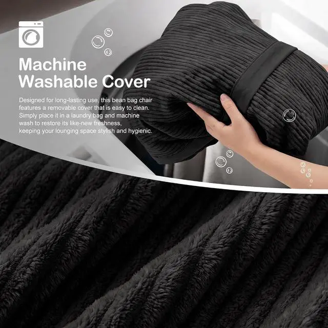 Alt view image 6 of 6 - Bean Bag Chair, 4FT Large Bean Bag Chair with Memory Foam, Ultra-Soft Corduroy Cover & Zipper Design, Portable Handle Comfy Bean Bag Sofa for Living Room, Bedroom, No Assembly - Black