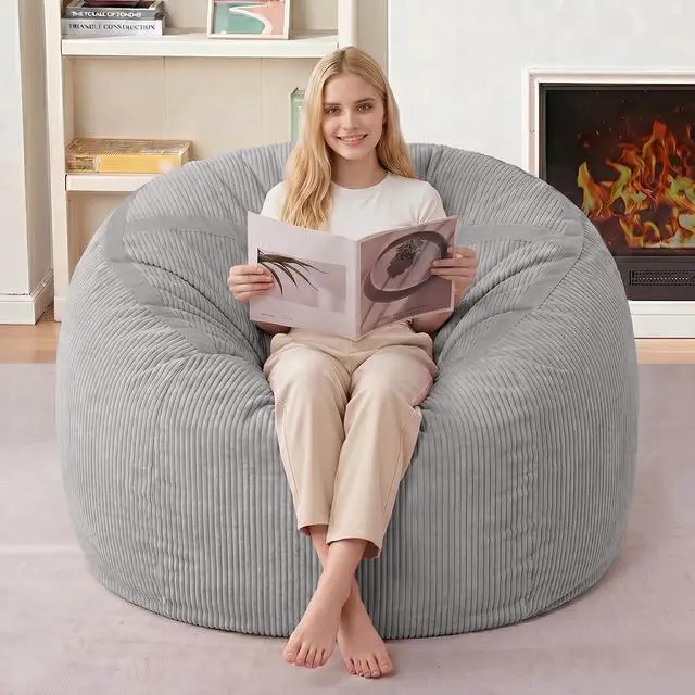 Alt view image 4 of 7 - Bean Bag Chair, 3FT Large Bean Bag Chair with Memory Foam, Ultra-Soft Corduroy Cover & Zipper Design, Portable Handle Comfy Bean Bag Sofa for Living Room, Bedroom, No Assembly - Light Grey