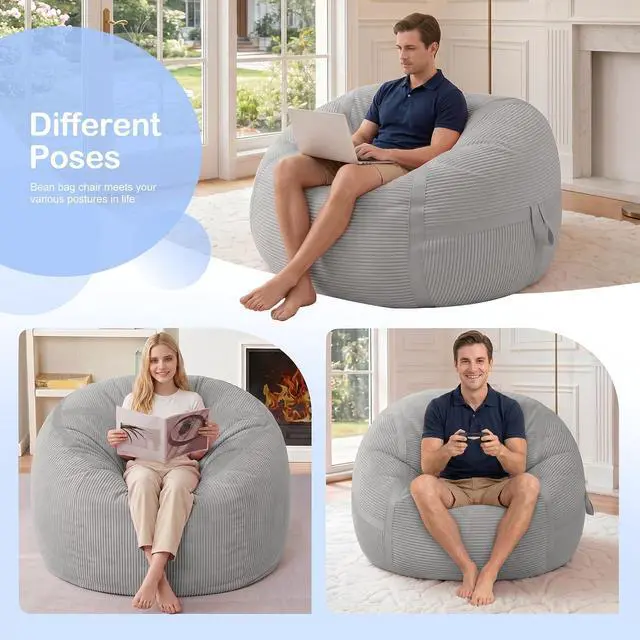 Alt view image 6 of 7 - Bean Bag Chair, 3FT Large Bean Bag Chair with Memory Foam, Ultra-Soft Corduroy Cover & Zipper Design, Portable Handle Comfy Bean Bag Sofa for Living Room, Bedroom, No Assembly - Light Grey
