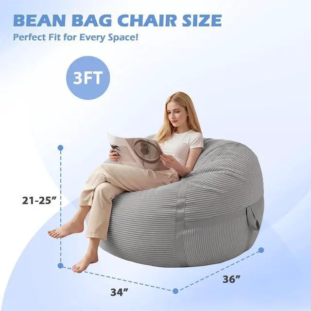 Alt view image 2 of 7 - Bean Bag Chair, 3FT Large Bean Bag Chair with Memory Foam, Ultra-Soft Corduroy Cover & Zipper Design, Portable Handle Comfy Bean Bag Sofa for Living Room, Bedroom, No Assembly - Light Grey