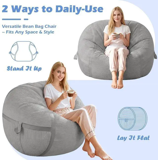 Alt view image 5 of 7 - Bean Bag Chair, 3FT Large Bean Bag Chair with Memory Foam, Ultra-Soft Corduroy Cover & Zipper Design, Portable Handle Comfy Bean Bag Sofa for Living Room, Bedroom, No Assembly - Light Grey