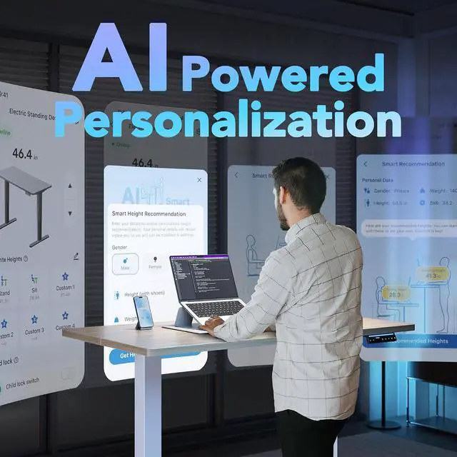 Alt view image 3 of 7 - AI-Powered Electric Standing Desk with Smart APP, Work with Alexa & Google, Adjustable Height, 6 Memory Settings, Sedentary Reminder, Ergonomic Sit-Stand Desk, 32-inch, Light Walnut