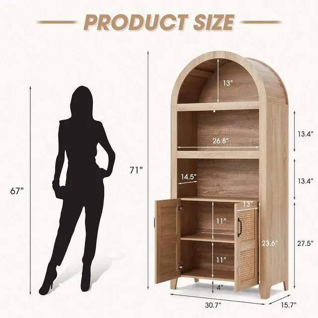 Alt view image 2 of 7 - 71'' Arched Storage Cabinet with Beech-Rattan Door, Tall Bookshelf with Adjustable Shelves, Modern Farmhouse Wooden Bookcase Kitchen Pantry Cabinet for Living Room, Natural