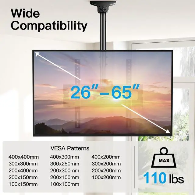 Alt view image 2 of 7 - Ceiling TV Mount for 26-65 inch Flat Screen Displays, Max VESA 400x400mm, Hanging Adjustable Ceiling TV Bracket Fits Most LCD LED OLED 4K TVs, Pole Ceiling Mount Holds up to 110lbs, PSCM2
