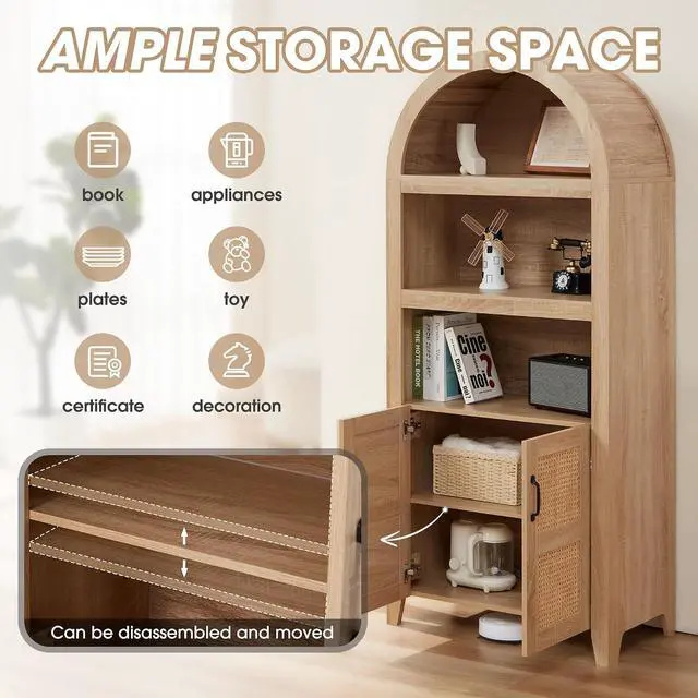 Alt view image 3 of 7 - 71'' Arched Storage Cabinet with Beech-Rattan Door, Tall Bookshelf with Adjustable Shelves, Modern Farmhouse Wooden Bookcase Kitchen Pantry Cabinet for Living Room, Natural