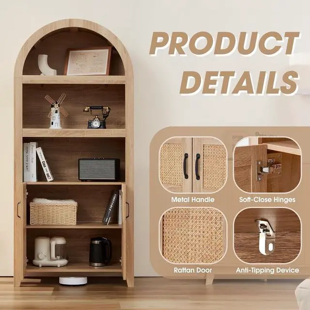 Alt view image 5 of 7 - 71'' Arched Storage Cabinet with Beech-Rattan Door, Tall Bookshelf with Adjustable Shelves, Modern Farmhouse Wooden Bookcase Kitchen Pantry Cabinet for Living Room, Natural