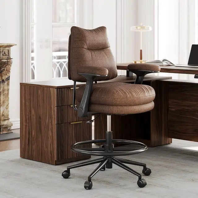 Main image of Executive Drafting Chair, Extral Thick Tall Office Chair with Padded Flip-Up Armrests, Mid-Back Cushioned Seat, 360° Swivel Rolling Computer Desk Chair, Vintage Brown