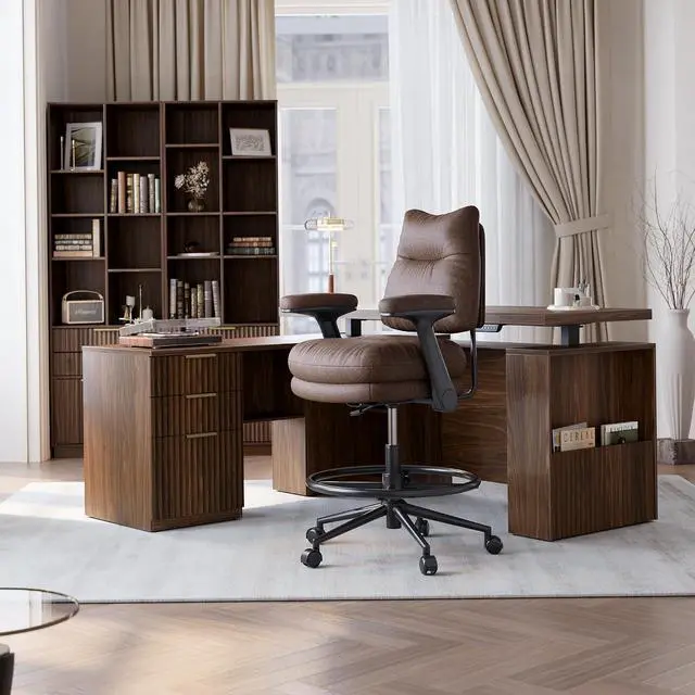 Alt view image 3 of 7 - Executive Drafting Chair, Extral Thick Tall Office Chair with Padded Flip-Up Armrests, Mid-Back Cushioned Seat, 360° Swivel Rolling Computer Desk Chair, Vintage Brown