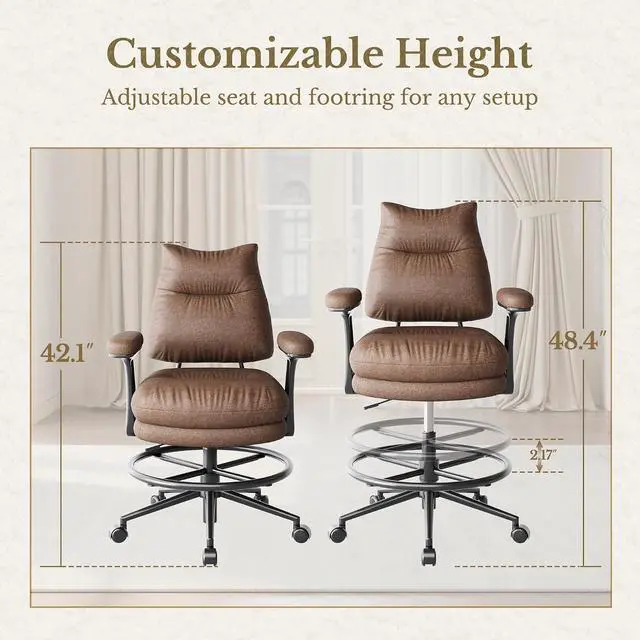 Alt view image 4 of 7 - Executive Drafting Chair, Extral Thick Tall Office Chair with Padded Flip-Up Armrests, Mid-Back Cushioned Seat, 360° Swivel Rolling Computer Desk Chair, Vintage Brown