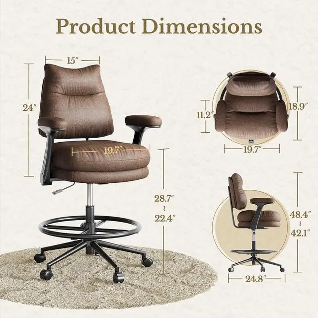 Alt view image 2 of 7 - Executive Drafting Chair, Extral Thick Tall Office Chair with Padded Flip-Up Armrests, Mid-Back Cushioned Seat, 360° Swivel Rolling Computer Desk Chair, Vintage Brown