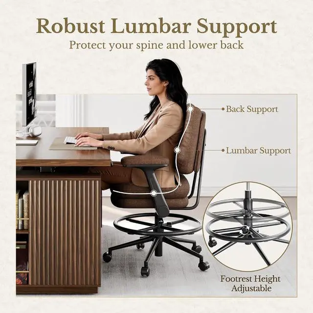Alt view image 5 of 7 - Executive Drafting Chair, Extral Thick Tall Office Chair with Padded Flip-Up Armrests, Mid-Back Cushioned Seat, 360° Swivel Rolling Computer Desk Chair, Vintage Brown