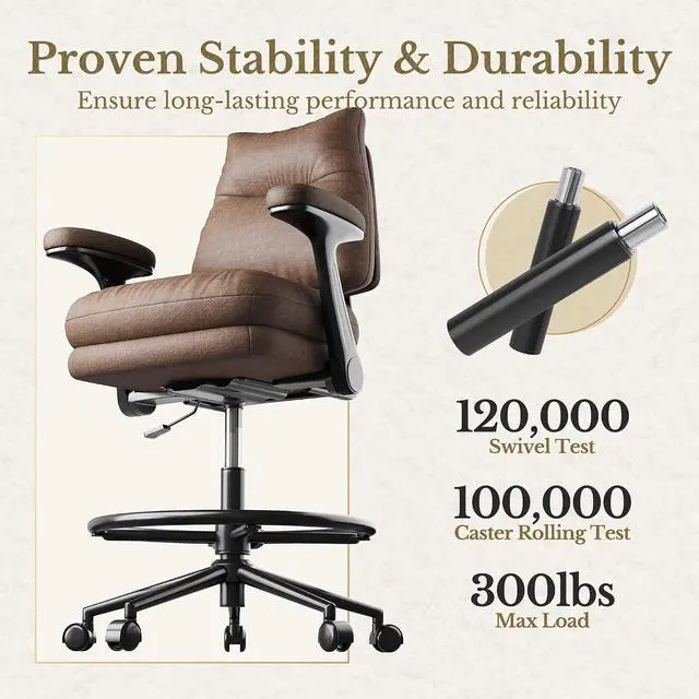 Alt view image 6 of 7 - Executive Drafting Chair, Extral Thick Tall Office Chair with Padded Flip-Up Armrests, Mid-Back Cushioned Seat, 360° Swivel Rolling Computer Desk Chair, Vintage Brown