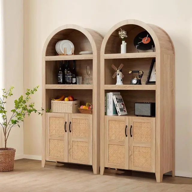 Alt view image 6 of 7 - 71'' Arched Storage Cabinet with Beech-Rattan Door, Tall Bookshelf with Adjustable Shelves, Modern Farmhouse Wooden Bookcase Kitchen Pantry Cabinet for Living Room, Natural