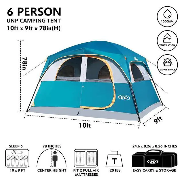 Alt view image 2 of 7 - Tents 6 Person Waterproof Windproof Easy Setup,Double Layer Family Camping Tent with 1 Mesh Door & 5 Large Mesh Windows -10'X9'X78in(H)