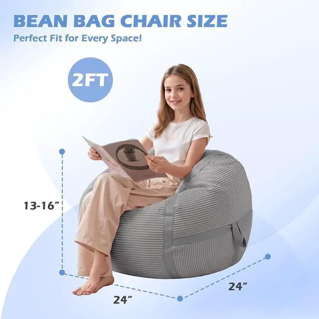 Alt view image 2 of 7 - Bean Bag Chair, 2FT Bean Bag Chairs with Memory Foam Filled, Comfy Bean Bag Sofa with Portable Handle, Ultra-Soft Corduroy BeanBag for Living Room, Bedroom, No Assembly - Light Grey
