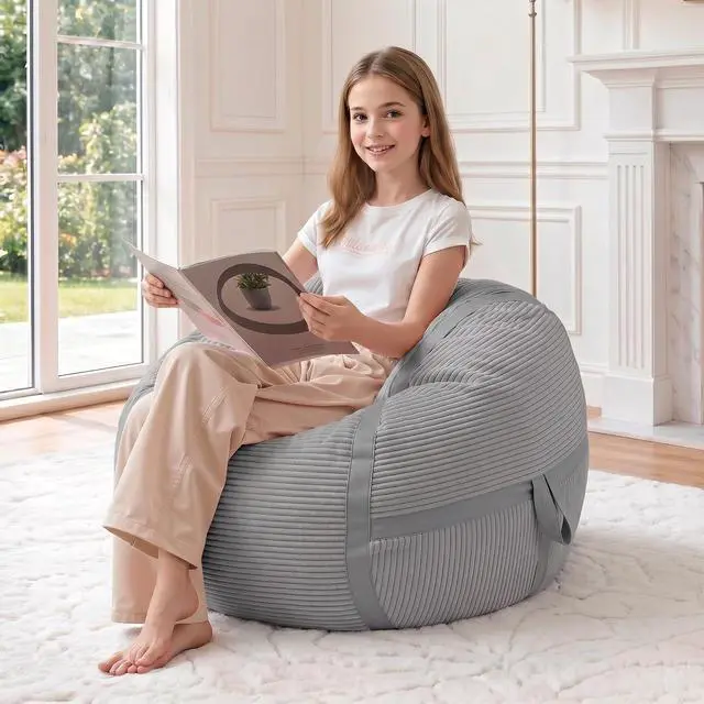 Main image of Bean Bag Chair, 2FT Bean Bag Chairs with Memory Foam Filled, Comfy Bean Bag Sofa with Portable Handle, Ultra-Soft Corduroy BeanBag for Living Room, Bedroom, No Assembly - Light Grey