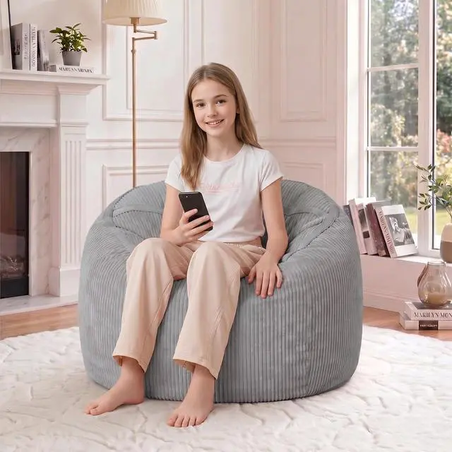 Alt view image 4 of 7 - Bean Bag Chair, 2FT Bean Bag Chairs with Memory Foam Filled, Comfy Bean Bag Sofa with Portable Handle, Ultra-Soft Corduroy BeanBag for Living Room, Bedroom, No Assembly - Light Grey