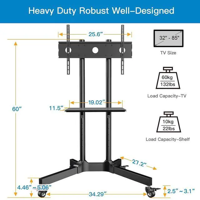 Alt view image 4 of 7 - Rolling TV Stand for 32-85 Inch TVs Holds up to 132 Lbs