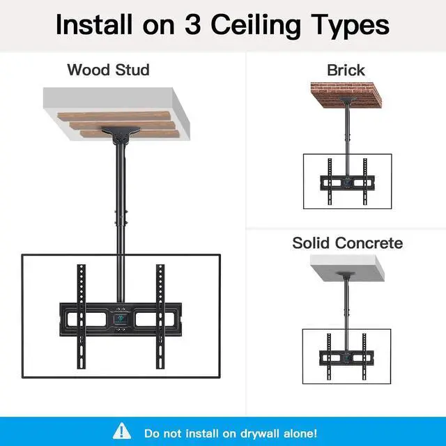 Alt view image 7 of 7 - Ceiling TV Mount for 26-65 inch Flat Screen Displays, Max VESA 400x400mm, Hanging Adjustable Ceiling TV Bracket Fits Most LCD LED OLED 4K TVs, Pole Ceiling Mount Holds up to 110lbs, PSCM2