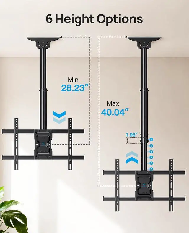 Alt view image 3 of 7 - Ceiling TV Mount for 37-75 inch Flat or Curved TVs up to 110 lbs, Hanging TV Mount with 6 Adjustable Heights, Full Motion TV Bracket with Swivel, Tilt, Max VESA 600x400mm, PSLCM1