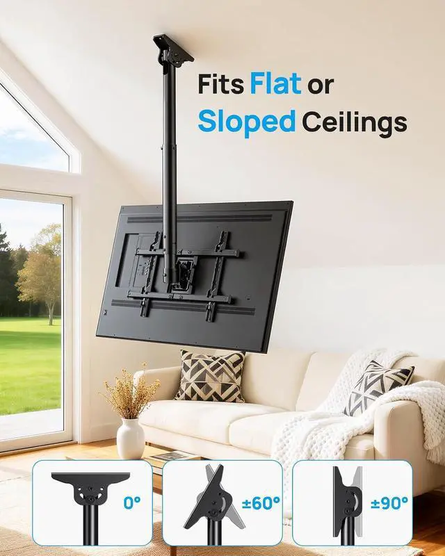 Alt view image 7 of 7 - Ceiling TV Mount for 37-75 inch Flat or Curved TVs up to 110 lbs, Hanging TV Mount with 6 Adjustable Heights, Full Motion TV Bracket with Swivel, Tilt, Max VESA 600x400mm, PSLCM1