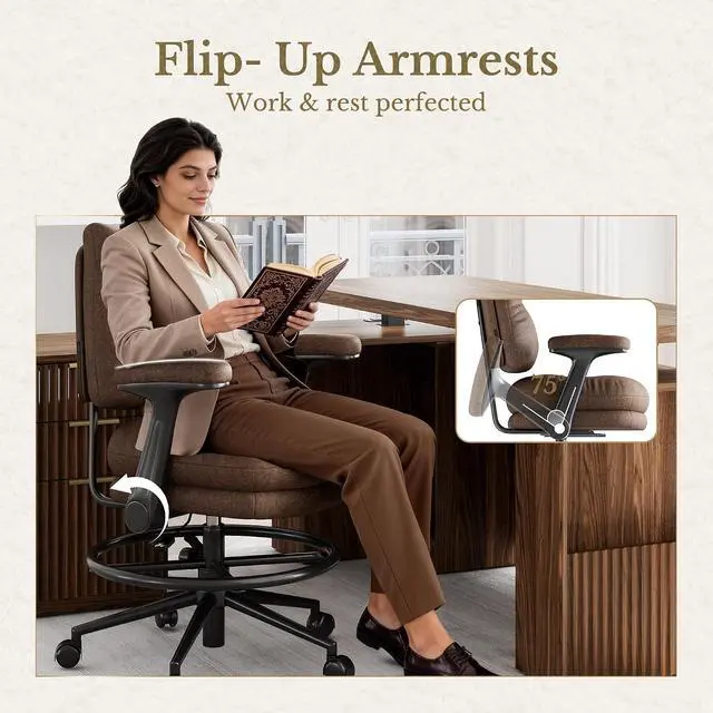 Alt view image 7 of 7 - Executive Drafting Chair, Extral Thick Tall Office Chair with Padded Flip-Up Armrests, Mid-Back Cushioned Seat, 360° Swivel Rolling Computer Desk Chair, Vintage Brown