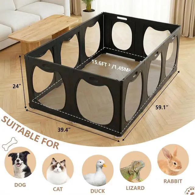 Alt view image 2 of 7 - Acrylic Dog Playpen for Indoor Use Clear Small Pet Play Pen for Puppies, Cats, Rabbits & Ferrets Easy Assemble, Durable & Portable Pet Enclosure (Black, 24" H, 10 Panels)