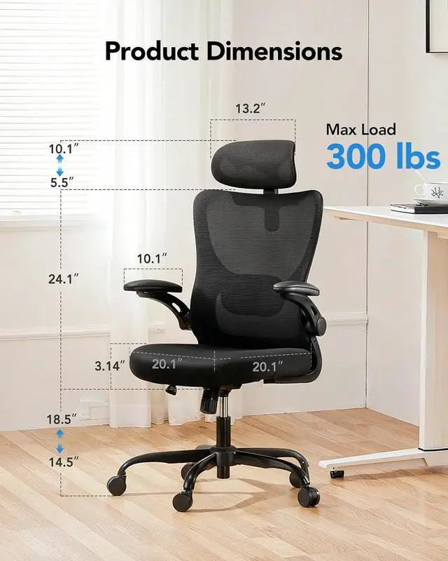 Alt view image 2 of 7 - Ergonomic Office Chair, High Back Computer Desk Chair with Adjustable Lumbar Support and Headrest, Comfy Gaming Chair with 3D Armrests, Home Office Rolling Chair, Max Load 300 lbs