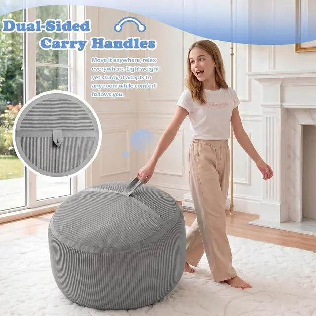 Alt view image 7 of 7 - Bean Bag Chair, 2FT Bean Bag Chairs with Memory Foam Filled, Comfy Bean Bag Sofa with Portable Handle, Ultra-Soft Corduroy BeanBag for Living Room, Bedroom, No Assembly - Light Grey