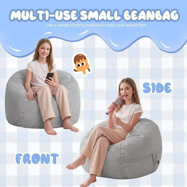 Alt view image 5 of 7 - Bean Bag Chair, 2FT Bean Bag Chairs with Memory Foam Filled, Comfy Bean Bag Sofa with Portable Handle, Ultra-Soft Corduroy BeanBag for Living Room, Bedroom, No Assembly - Light Grey