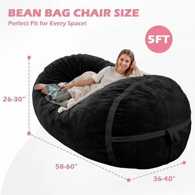 Alt view image 2 of 6 - 5FT Bean Bag Chair,Giant BeanBag Chairs with Memory Foam Filled, Ultra-Soft Velvet with Portable Handle & Removable Cover, Comfy Bean Bag Sofa for Living Room, No Assembly - Black