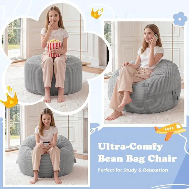 Alt view image 6 of 7 - Bean Bag Chair, 2FT Bean Bag Chairs with Memory Foam Filled, Comfy Bean Bag Sofa with Portable Handle, Ultra-Soft Corduroy BeanBag for Living Room, Bedroom, No Assembly - Light Grey