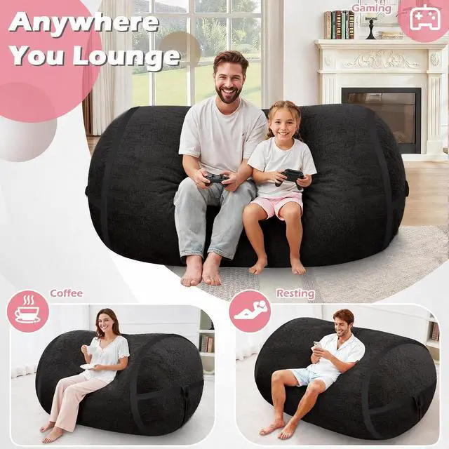 Alt view image 4 of 6 - 5FT Bean Bag Chair,Giant BeanBag Chairs with Memory Foam Filled, Ultra-Soft Velvet with Portable Handle & Removable Cover, Comfy Bean Bag Sofa for Living Room, No Assembly - Black