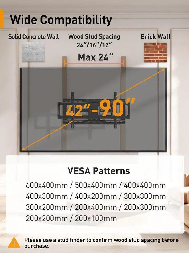 Alt view image 2 of 7 - UL-Listed Full Motion TV Wall Mount for 4290 Inch TVs up to 150 lbs, Pre-Assembled TV Mount with Tool-Free Tilt, Swivel, Extension, Max VESA 600 x 400mm, 12/16/18/24 Wood Studs, PGLF16