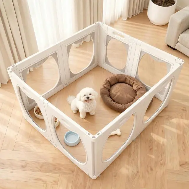 Main image of Acrylic Dog Playpen for Indoor Use Clear Small Pet Play Pen for Puppies, Cats, Rabbits & Ferrets Easy Assemble, Durable & Portable Pet Enclosure (White, 24" H, 8 Panels)