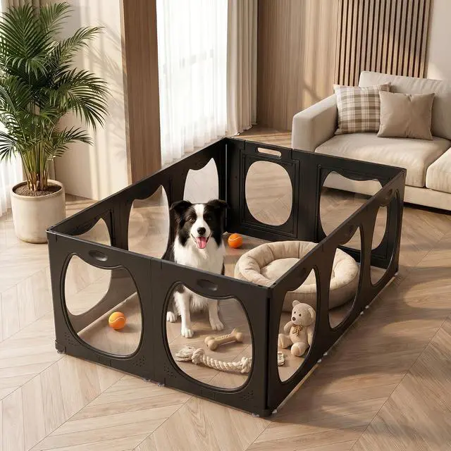 Alt view image 7 of 7 - Acrylic Dog Playpen for Indoor Use Clear Small Pet Play Pen for Puppies, Cats, Rabbits & Ferrets Easy Assemble, Durable & Portable Pet Enclosure (Black, 24" H, 10 Panels)