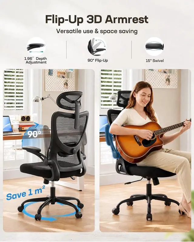Alt view image 7 of 7 - Ergonomic Office Chair, High Back Computer Desk Chair with Adjustable Lumbar Support and Headrest, Comfy Gaming Chair with 3D Armrests, Home Office Rolling Chair, Max Load 300 lbs