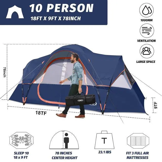 Alt view image 2 of 7 - Camping Tent 10-Person-Family Tents, Parties, Music Festival Tent, Big, Easy Up, 5 Large Mesh Windows, Double Layer, 2 Room, Waterproof, Weather Resistant, 18ft x 9ft x78in