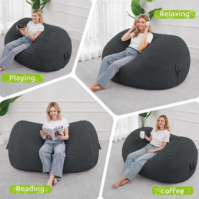 Alt view image 4 of 6 - Bean Bag Chair, 4FT Large Bean Bag Chair with Removable Cover, Comfy Beanbag Chair with Memory Foam Filling, Bean Bag Sofa for Living Room Bedroom Reading Room, Dark Grey